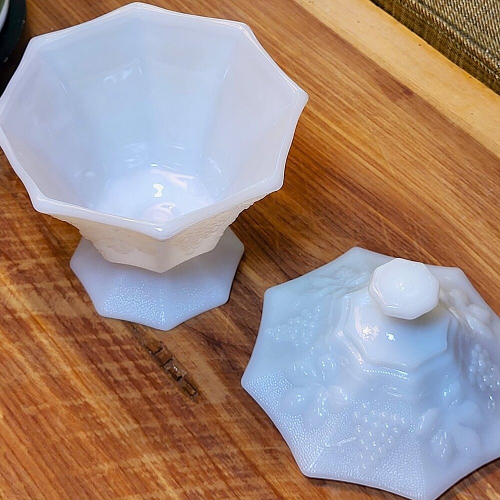 Vintage Anchor Hocking Milk Glass Grapevine Candy Dish & Lid Grandma's Nostalgic